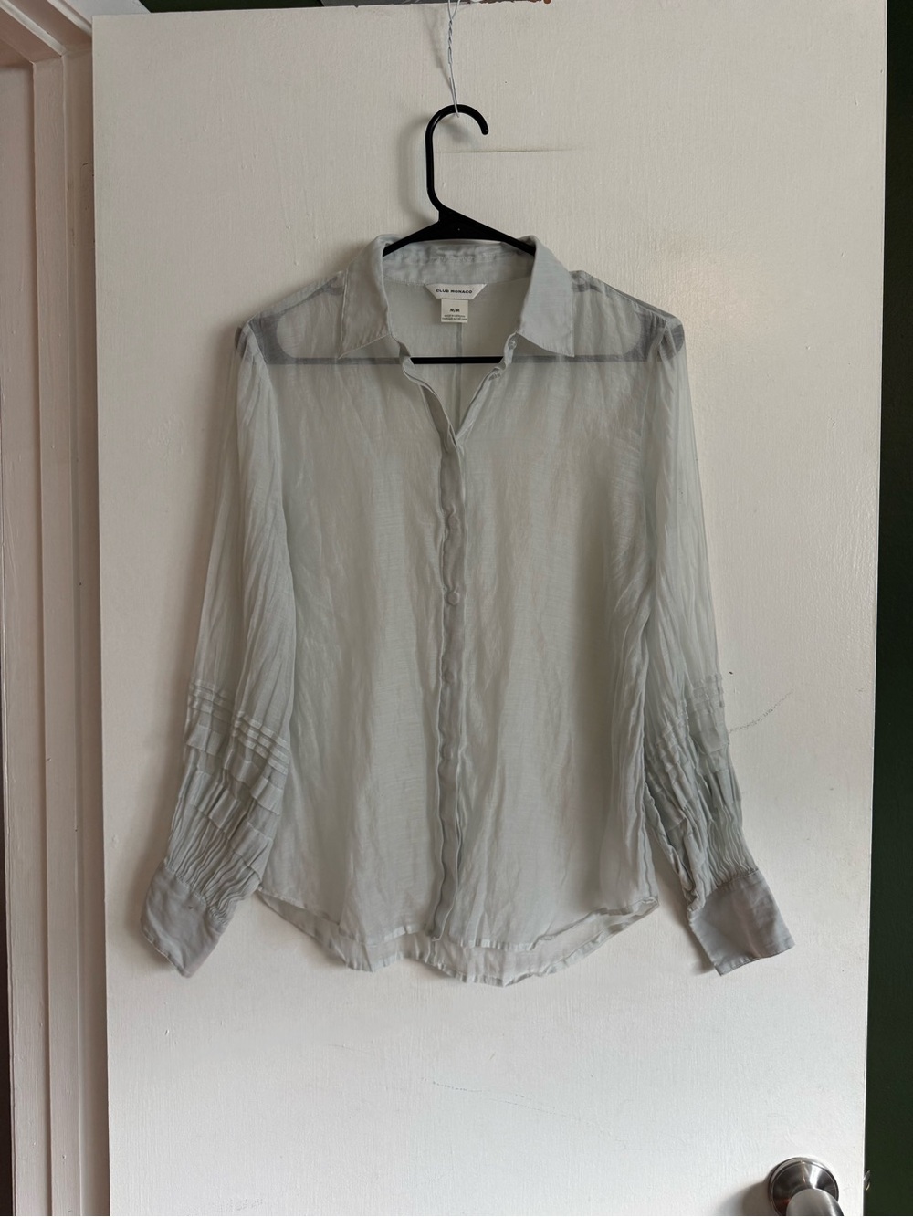 Club Monaco sheer blue green button down blouse size medium